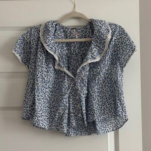 Free People Blue Floral Ruffle Collar Blouse